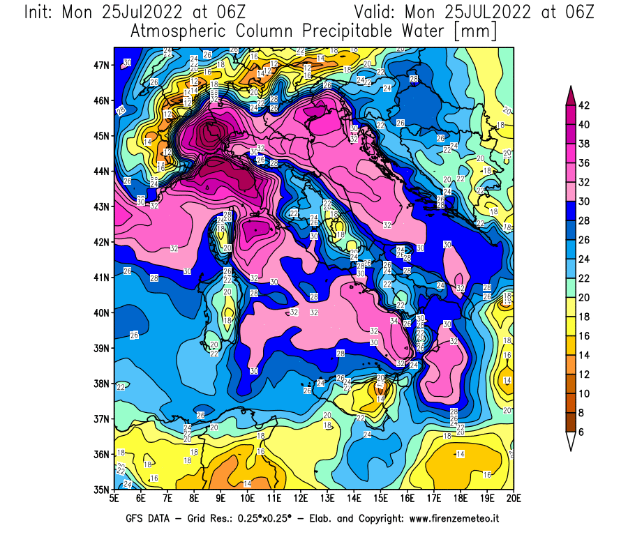 Mappa di analisi GFS - Precipitable Water [mm] in Italia
							del 25/07/2022 06 <!--googleoff: index-->UTC<!--googleon: index-->
