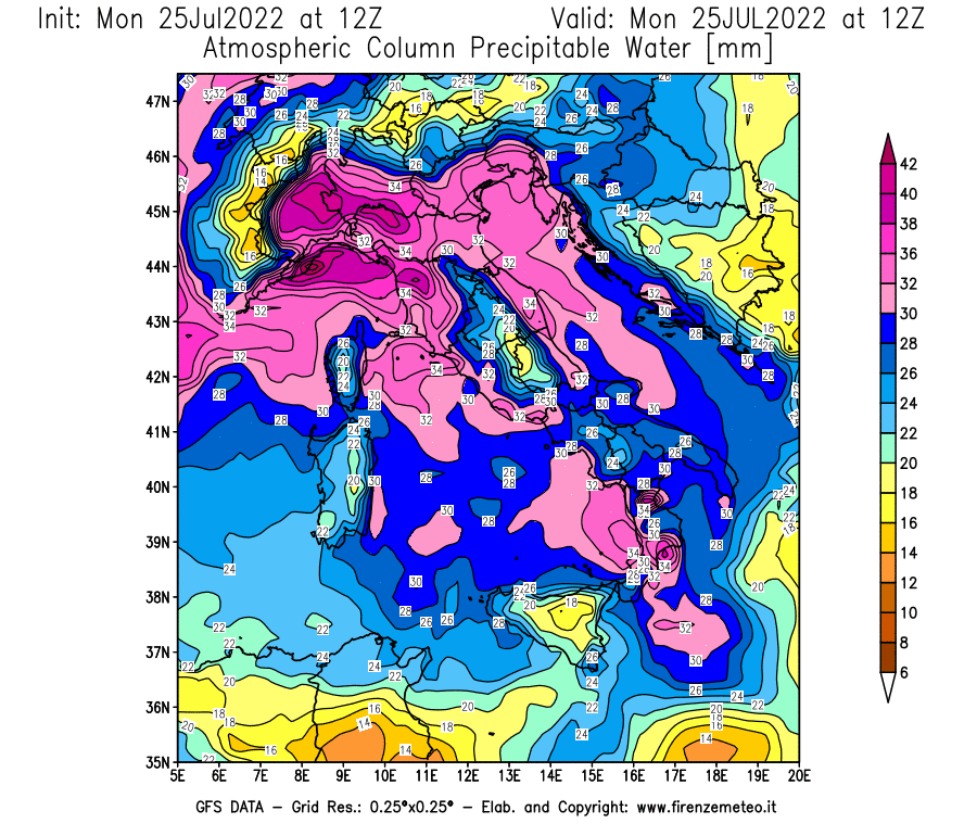 Mappa di analisi GFS - Precipitable Water [mm] in Italia
							del 25/07/2022 12 <!--googleoff: index-->UTC<!--googleon: index-->