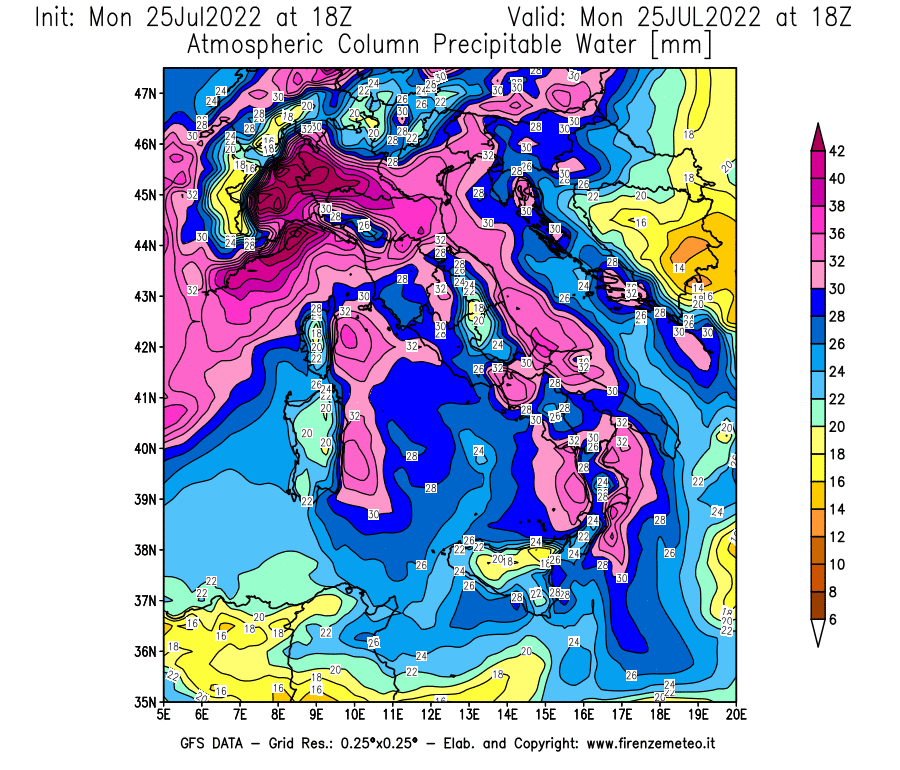 Mappa di analisi GFS - Precipitable Water [mm] in Italia
							del 25/07/2022 18 <!--googleoff: index-->UTC<!--googleon: index-->