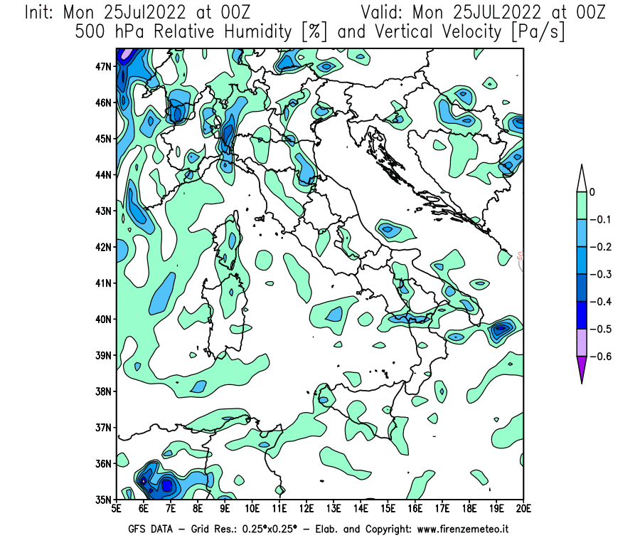 Mappa di analisi GFS - Umidità relativa [%] e Omega [Pa/s] a 500 hPa in Italia
							del 25/07/2022 00 <!--googleoff: index-->UTC<!--googleon: index-->