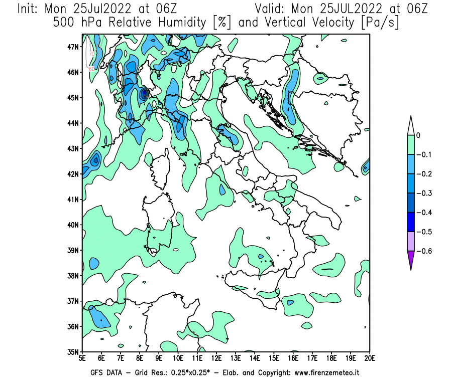 Mappa di analisi GFS - Umidità relativa [%] e Omega [Pa/s] a 500 hPa in Italia
							del 25/07/2022 06 <!--googleoff: index-->UTC<!--googleon: index-->