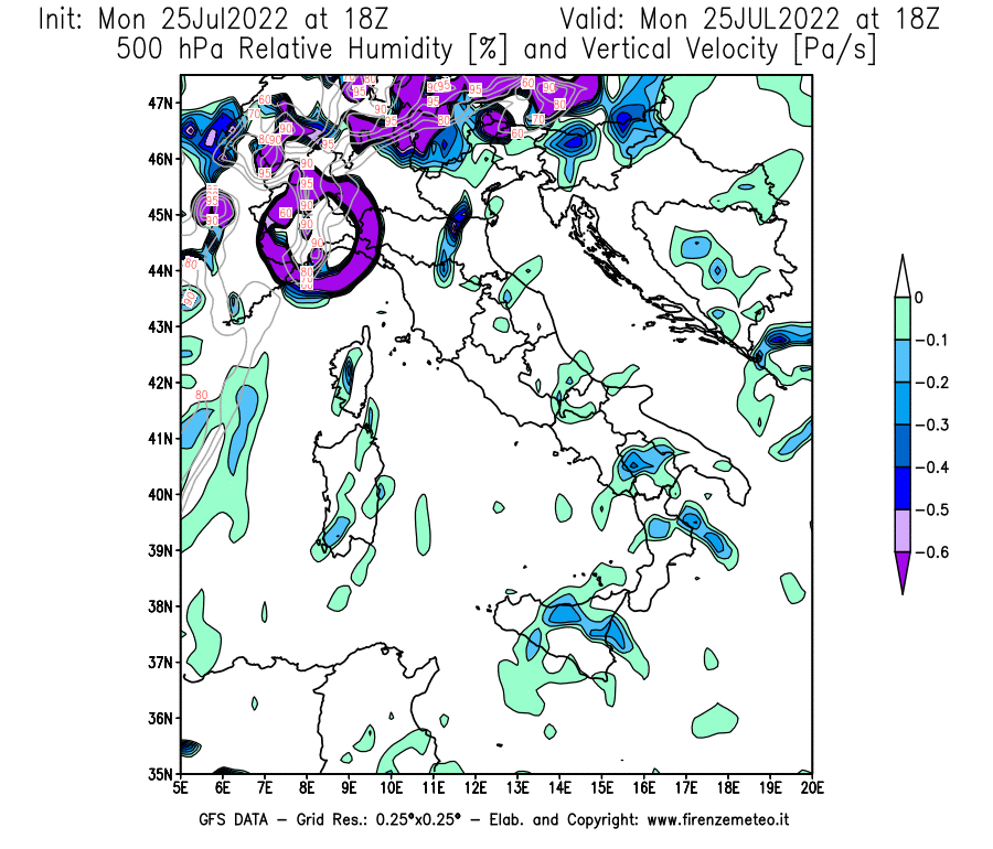 Mappa di analisi GFS - Umidità relativa [%] e Omega [Pa/s] a 500 hPa in Italia
							del 25/07/2022 18 <!--googleoff: index-->UTC<!--googleon: index-->