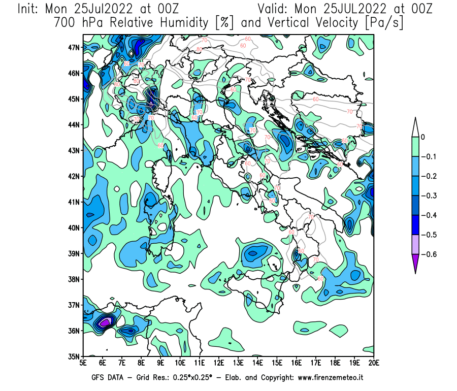 Mappa di analisi GFS - Umidità relativa [%] e Omega [Pa/s] a 700 hPa in Italia
							del 25/07/2022 00 <!--googleoff: index-->UTC<!--googleon: index-->