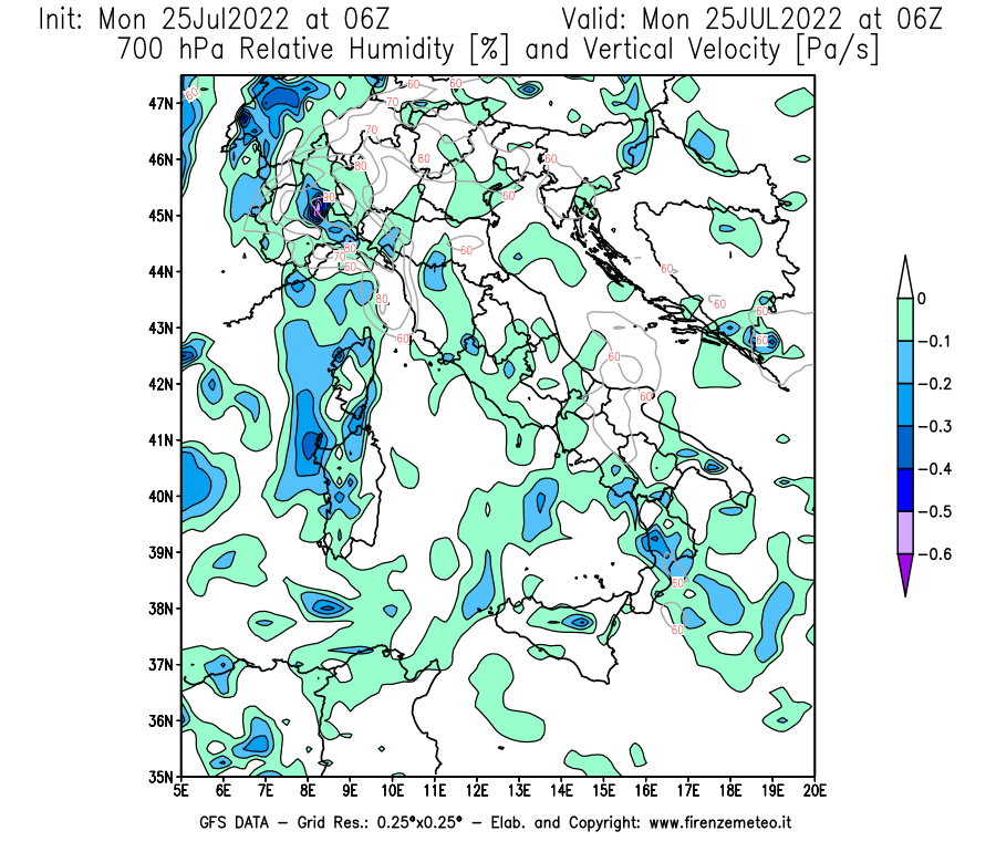 Mappa di analisi GFS - Umidità relativa [%] e Omega [Pa/s] a 700 hPa in Italia
							del 25/07/2022 06 <!--googleoff: index-->UTC<!--googleon: index-->