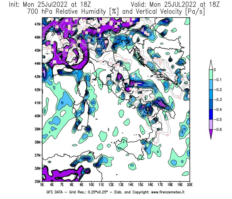 Mappa di analisi GFS - Umidità relativa [%] e Omega [Pa/s] a 700 hPa in Italia
							del 25/07/2022 18 <!--googleoff: index-->UTC<!--googleon: index-->