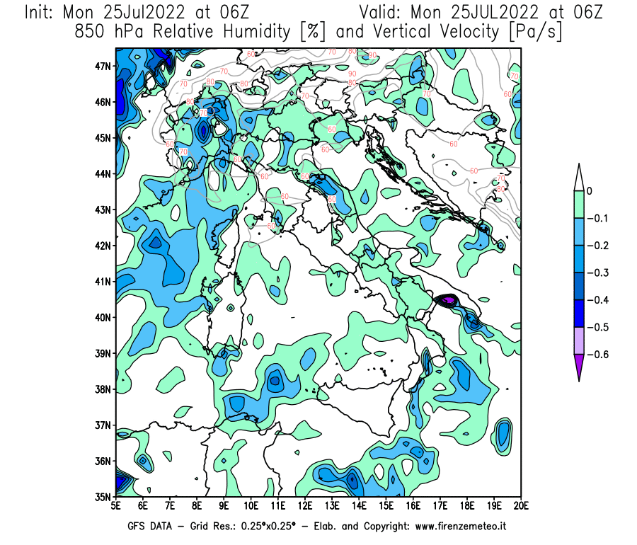 Mappa di analisi GFS - Umidità relativa [%] e Omega [Pa/s] a 850 hPa in Italia
							del 25/07/2022 06 <!--googleoff: index-->UTC<!--googleon: index-->