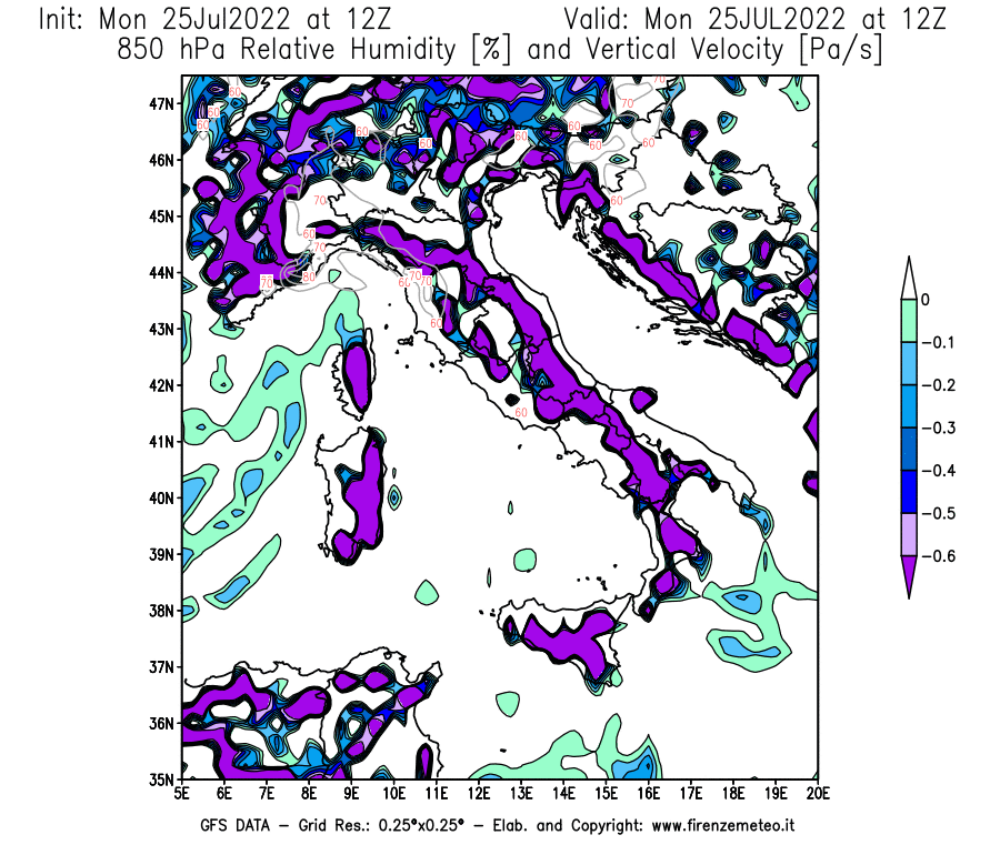 Mappa di analisi GFS - Umidità relativa [%] e Omega [Pa/s] a 850 hPa in Italia
							del 25/07/2022 12 <!--googleoff: index-->UTC<!--googleon: index-->