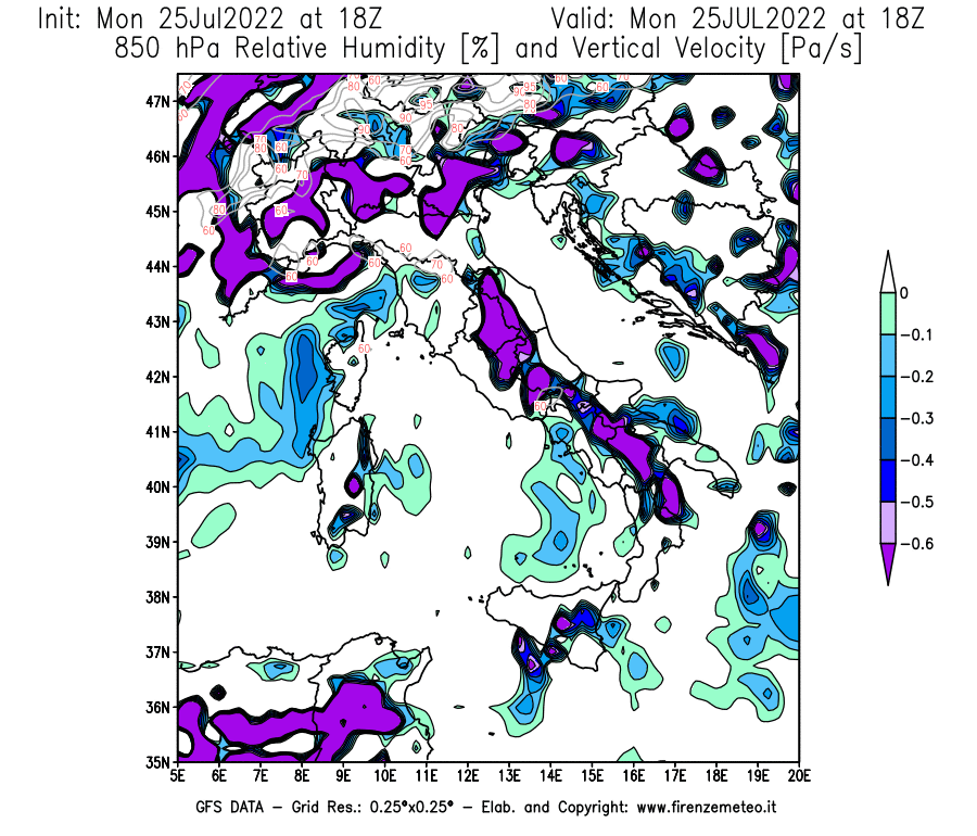 Mappa di analisi GFS - Umidità relativa [%] e Omega [Pa/s] a 850 hPa in Italia
							del 25/07/2022 18 <!--googleoff: index-->UTC<!--googleon: index-->