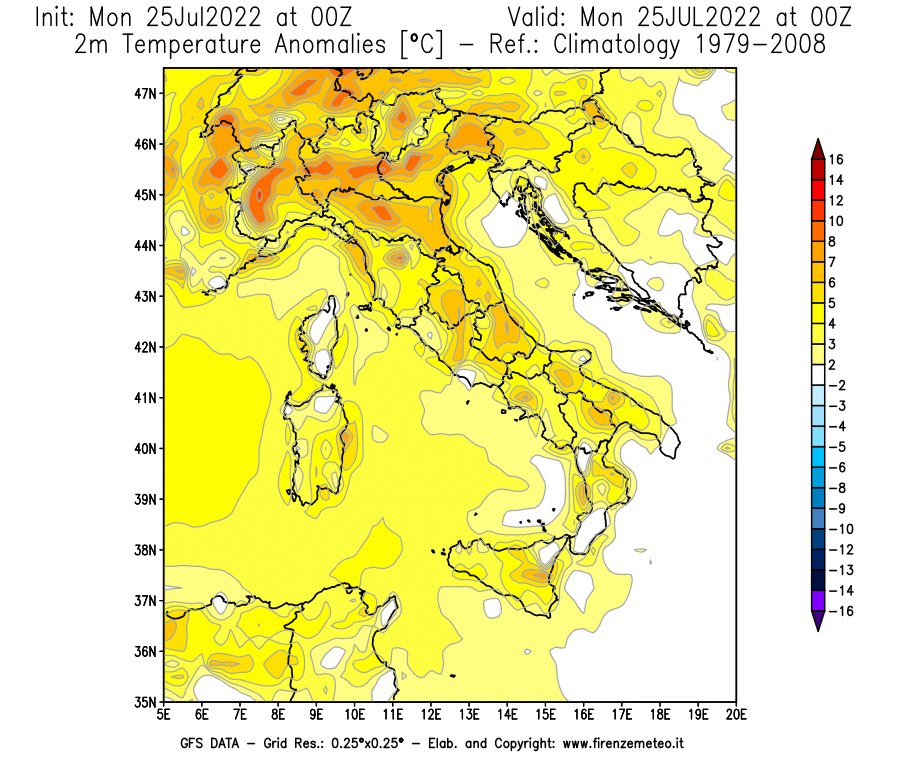 Mappa di analisi GFS - Anomalia Temperatura [°C] a 2 m in Italia
							del 25/07/2022 00 <!--googleoff: index-->UTC<!--googleon: index-->