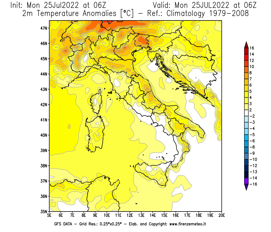 Mappa di analisi GFS - Anomalia Temperatura [°C] a 2 m in Italia
							del 25/07/2022 06 <!--googleoff: index-->UTC<!--googleon: index-->