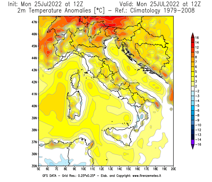 Mappa di analisi GFS - Anomalia Temperatura [°C] a 2 m in Italia
							del 25/07/2022 12 <!--googleoff: index-->UTC<!--googleon: index-->