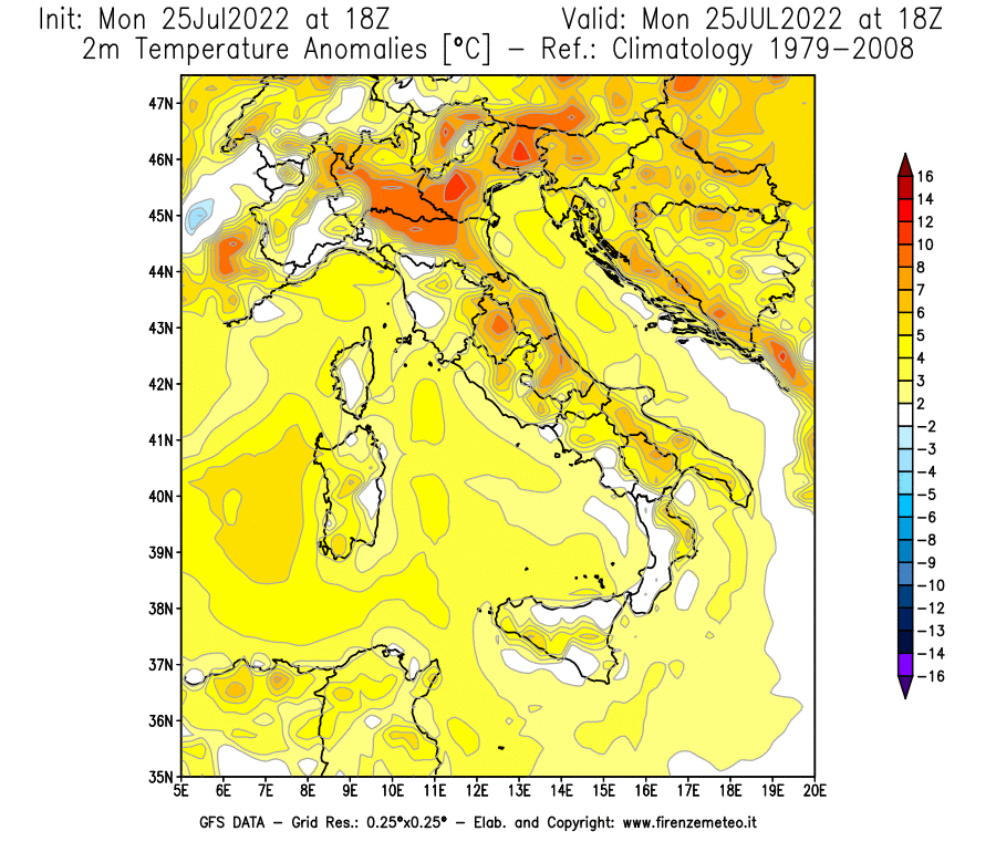 Mappa di analisi GFS - Anomalia Temperatura [°C] a 2 m in Italia
							del 25/07/2022 18 <!--googleoff: index-->UTC<!--googleon: index-->