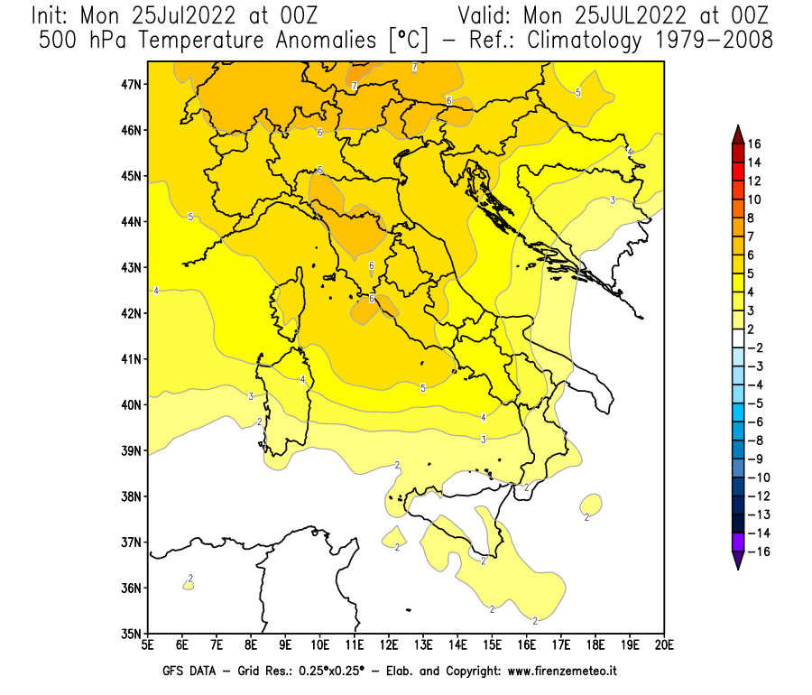Mappa di analisi GFS - Anomalia Temperatura [°C] a 500 hPa in Italia
							del 25/07/2022 00 <!--googleoff: index-->UTC<!--googleon: index-->
