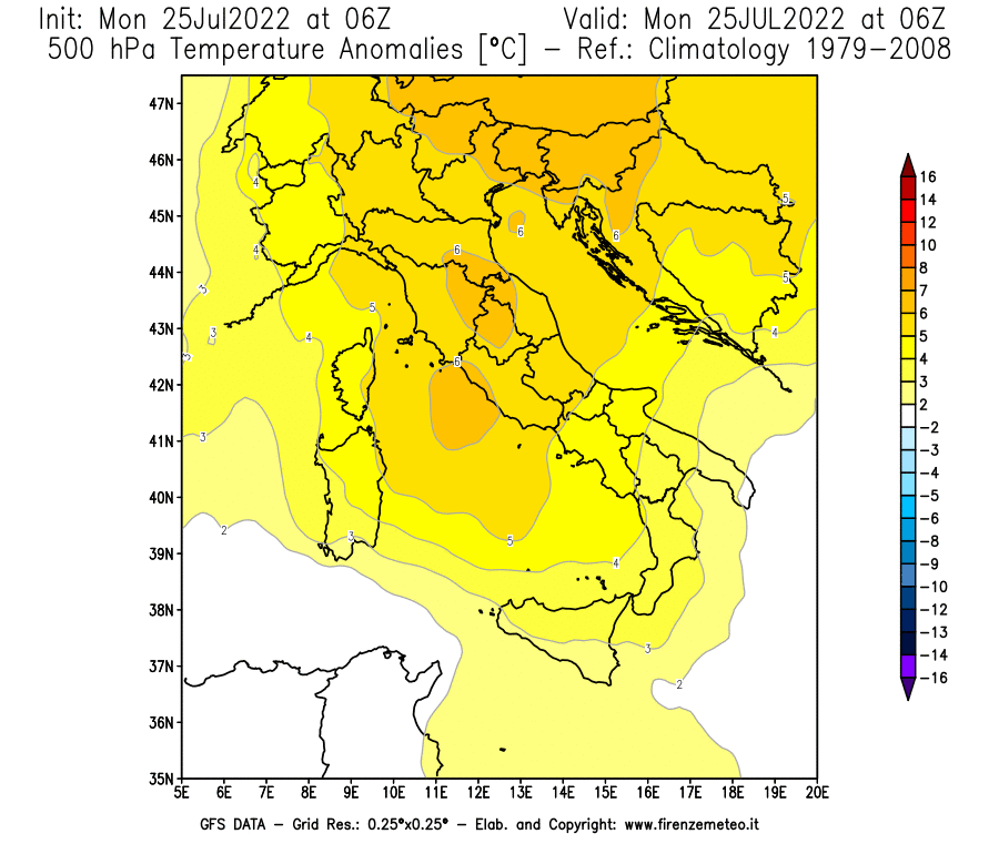 Mappa di analisi GFS - Anomalia Temperatura [°C] a 500 hPa in Italia
							del 25/07/2022 06 <!--googleoff: index-->UTC<!--googleon: index-->