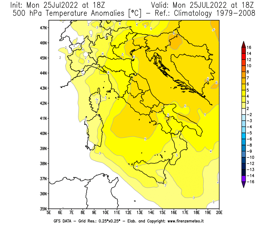 Mappa di analisi GFS - Anomalia Temperatura [°C] a 500 hPa in Italia
							del 25/07/2022 18 <!--googleoff: index-->UTC<!--googleon: index-->