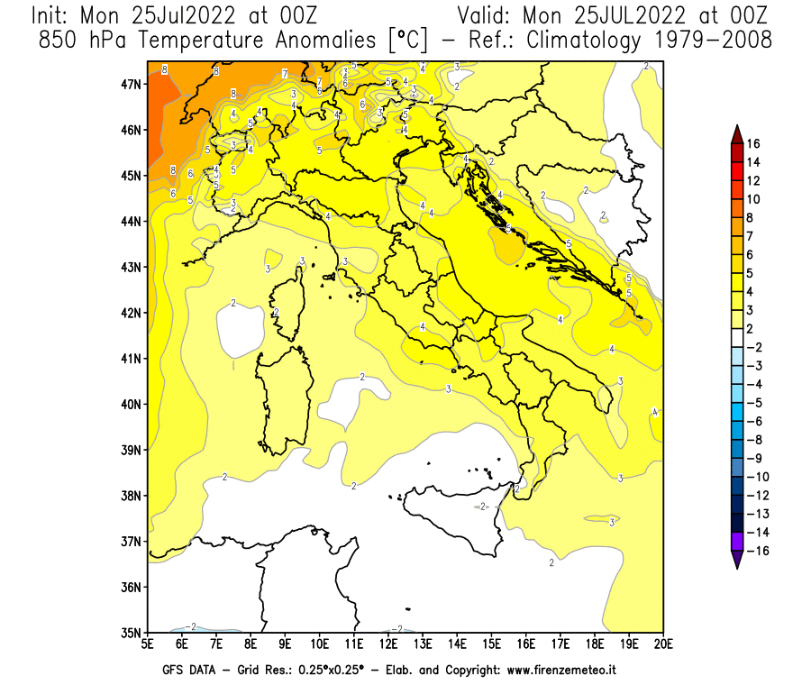 Mappa di analisi GFS - Anomalia Temperatura [°C] a 850 hPa in Italia
							del 25/07/2022 00 <!--googleoff: index-->UTC<!--googleon: index-->