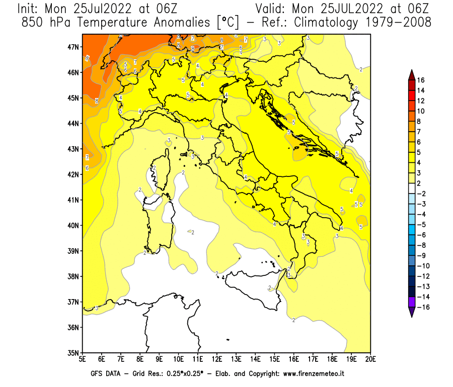 Mappa di analisi GFS - Anomalia Temperatura [°C] a 850 hPa in Italia
							del 25/07/2022 06 <!--googleoff: index-->UTC<!--googleon: index-->
