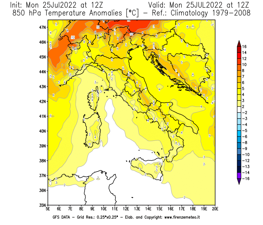 Mappa di analisi GFS - Anomalia Temperatura [°C] a 850 hPa in Italia
							del 25/07/2022 12 <!--googleoff: index-->UTC<!--googleon: index-->