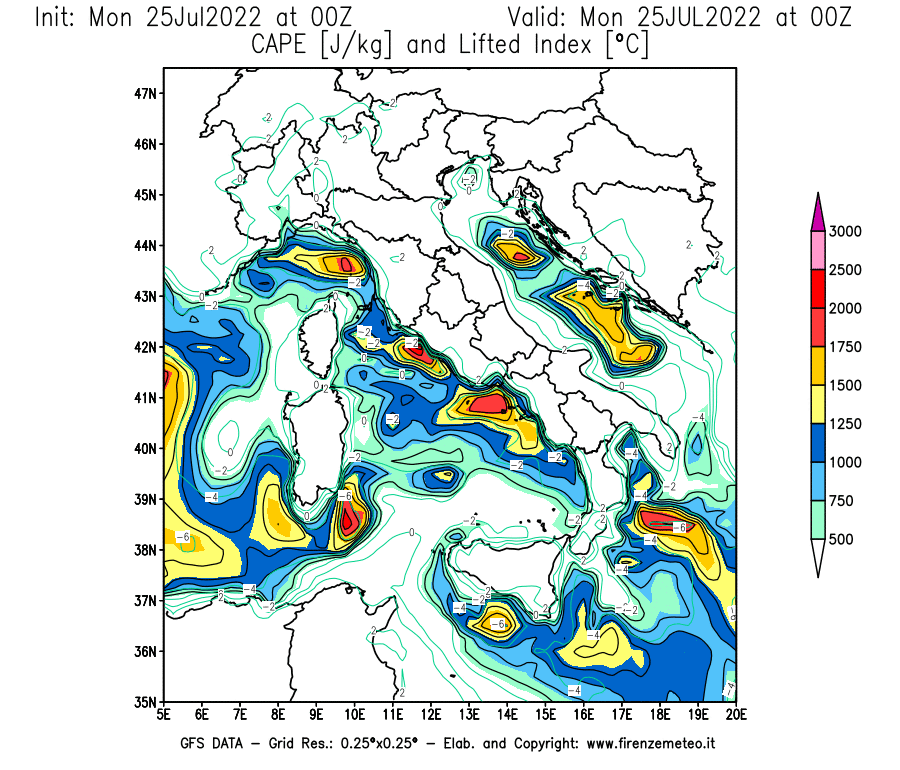 Mappa di analisi GFS - CAPE [J/kg] e Lifted Index [°C] in Italia
							del 25/07/2022 00 <!--googleoff: index-->UTC<!--googleon: index-->