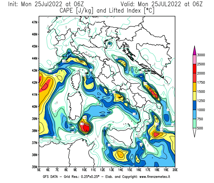 Mappa di analisi GFS - CAPE [J/kg] e Lifted Index [°C] in Italia
							del 25/07/2022 06 <!--googleoff: index-->UTC<!--googleon: index-->