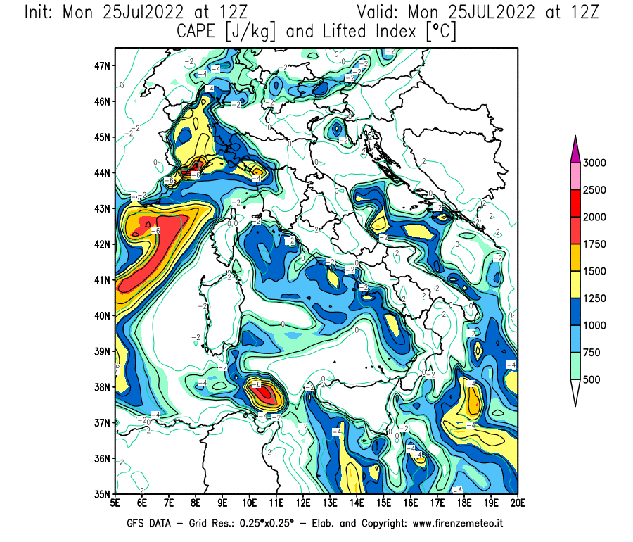 Mappa di analisi GFS - CAPE [J/kg] e Lifted Index [°C] in Italia
							del 25/07/2022 12 <!--googleoff: index-->UTC<!--googleon: index-->