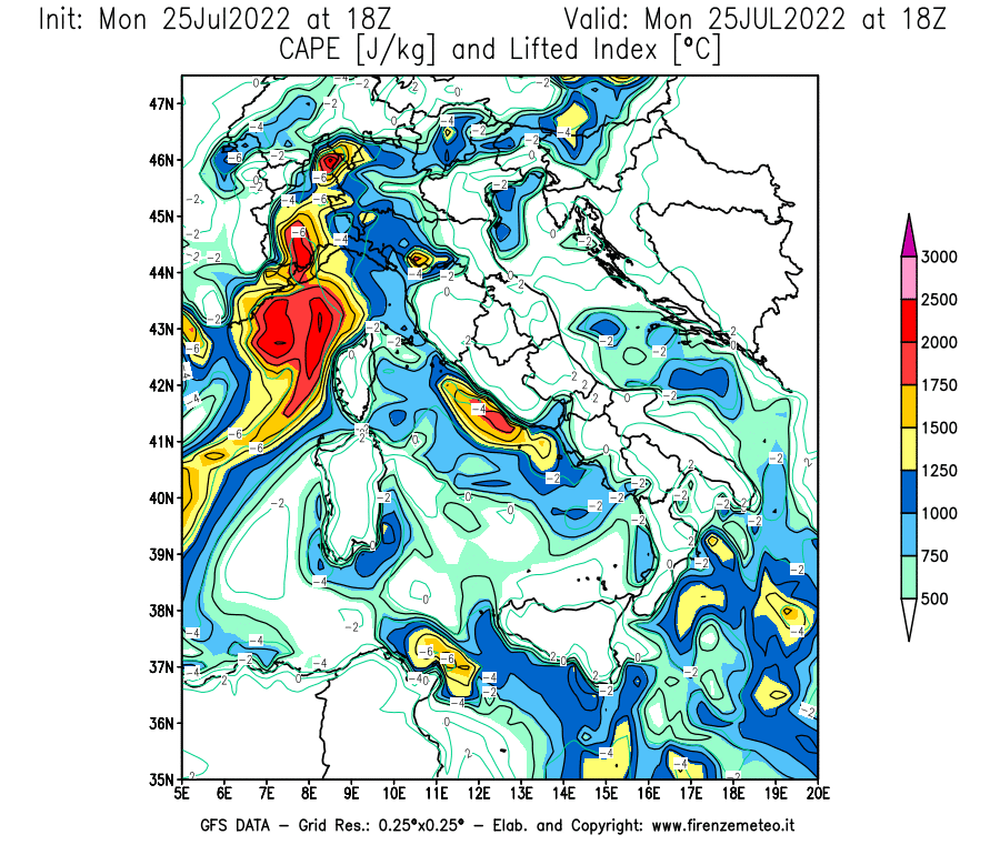 Mappa di analisi GFS - CAPE [J/kg] e Lifted Index [°C] in Italia
							del 25/07/2022 18 <!--googleoff: index-->UTC<!--googleon: index-->