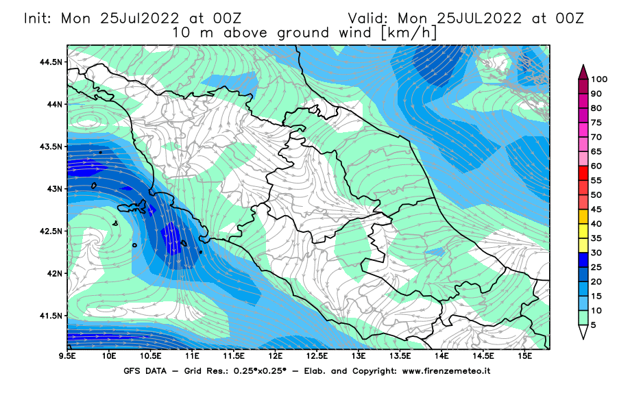 Mappa di analisi GFS - Velocità del vento a 10 metri dal suolo [km/h] in Centro-Italia
							del 25/07/2022 00 <!--googleoff: index-->UTC<!--googleon: index-->