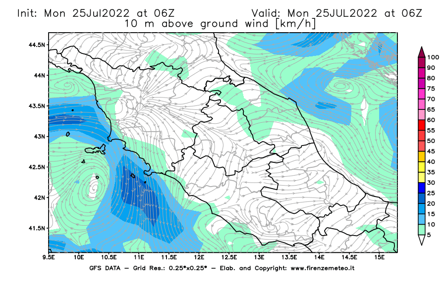 Mappa di analisi GFS - Velocità del vento a 10 metri dal suolo [km/h] in Centro-Italia
							del 25/07/2022 06 <!--googleoff: index-->UTC<!--googleon: index-->
