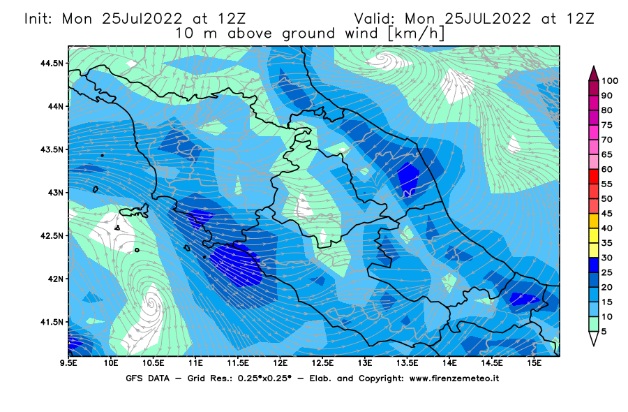 Mappa di analisi GFS - Velocità del vento a 10 metri dal suolo [km/h] in Centro-Italia
							del 25/07/2022 12 <!--googleoff: index-->UTC<!--googleon: index-->