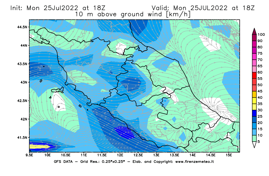 Mappa di analisi GFS - Velocità del vento a 10 metri dal suolo [km/h] in Centro-Italia
							del 25/07/2022 18 <!--googleoff: index-->UTC<!--googleon: index-->