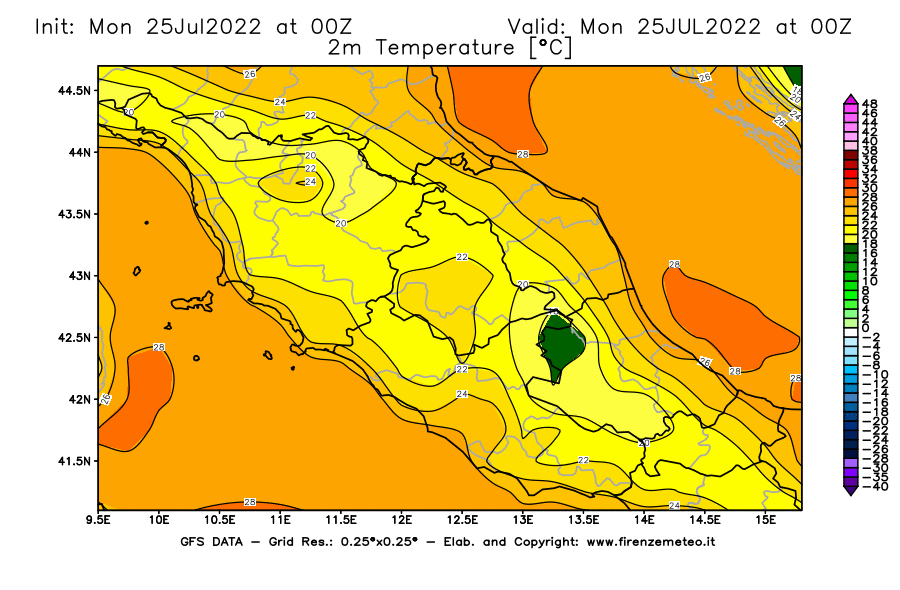 Mappa di analisi GFS - Temperatura a 2 metri dal suolo [°C] in Centro-Italia
							del 25/07/2022 00 <!--googleoff: index-->UTC<!--googleon: index-->