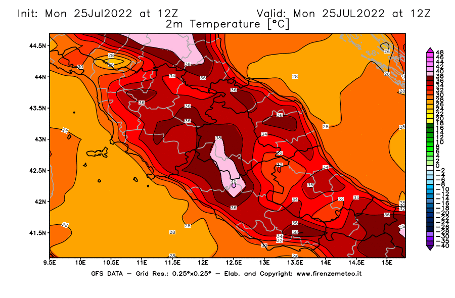 Mappa di analisi GFS - Temperatura a 2 metri dal suolo [°C] in Centro-Italia
							del 25/07/2022 12 <!--googleoff: index-->UTC<!--googleon: index-->