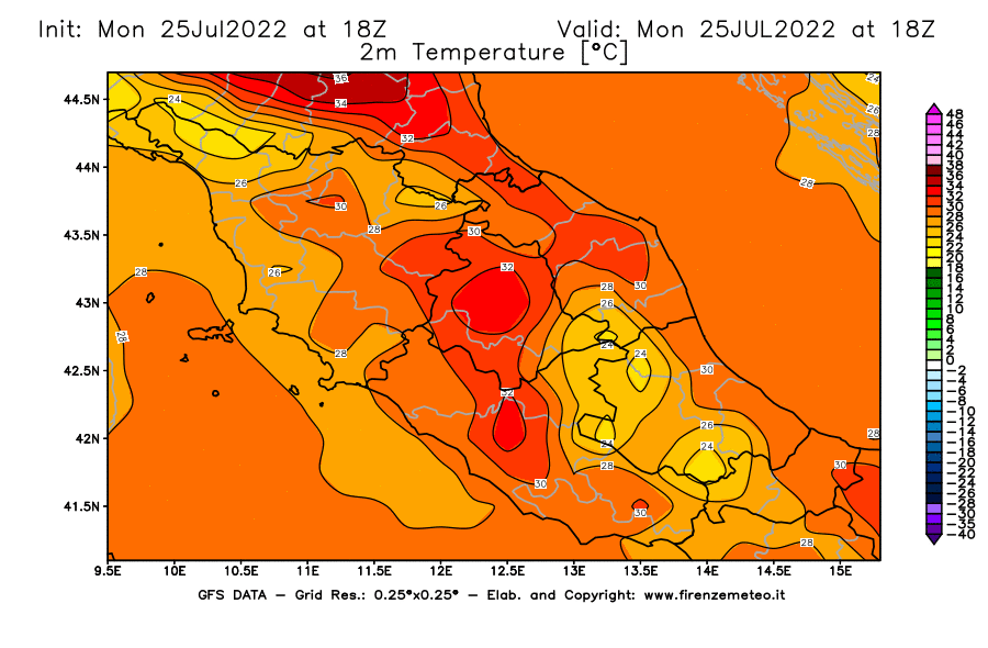 Mappa di analisi GFS - Temperatura a 2 metri dal suolo [°C] in Centro-Italia
							del 25/07/2022 18 <!--googleoff: index-->UTC<!--googleon: index-->