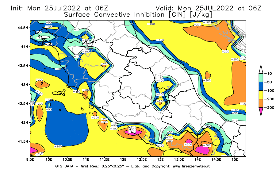 Mappa di analisi GFS - CIN [J/kg] in Centro-Italia
							del 25/07/2022 06 <!--googleoff: index-->UTC<!--googleon: index-->