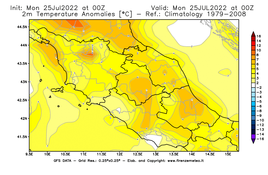 Mappa di analisi GFS - Anomalia Temperatura [°C] a 2 m in Centro-Italia
							del 25/07/2022 00 <!--googleoff: index-->UTC<!--googleon: index-->