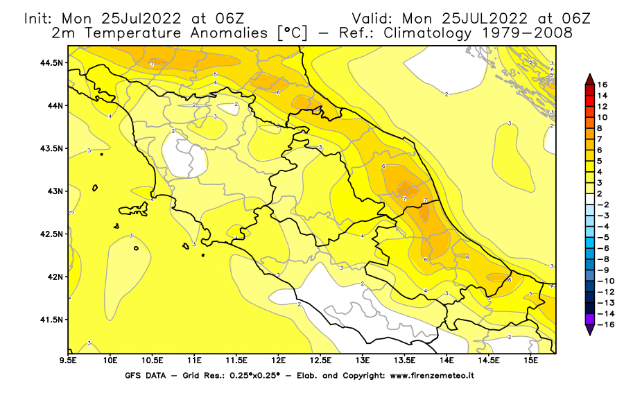 Mappa di analisi GFS - Anomalia Temperatura [°C] a 2 m in Centro-Italia
							del 25/07/2022 06 <!--googleoff: index-->UTC<!--googleon: index-->