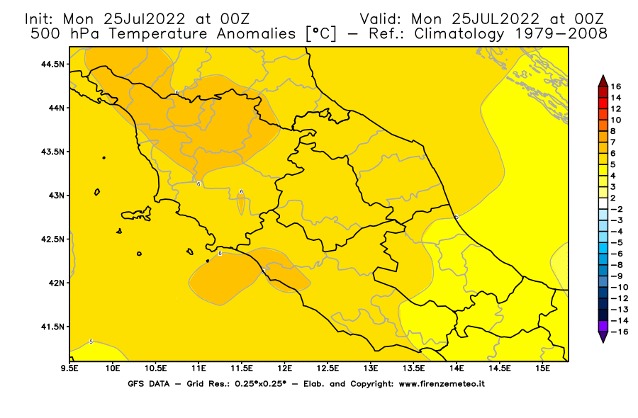 Mappa di analisi GFS - Anomalia Temperatura [°C] a 500 hPa in Centro-Italia
							del 25/07/2022 00 <!--googleoff: index-->UTC<!--googleon: index-->