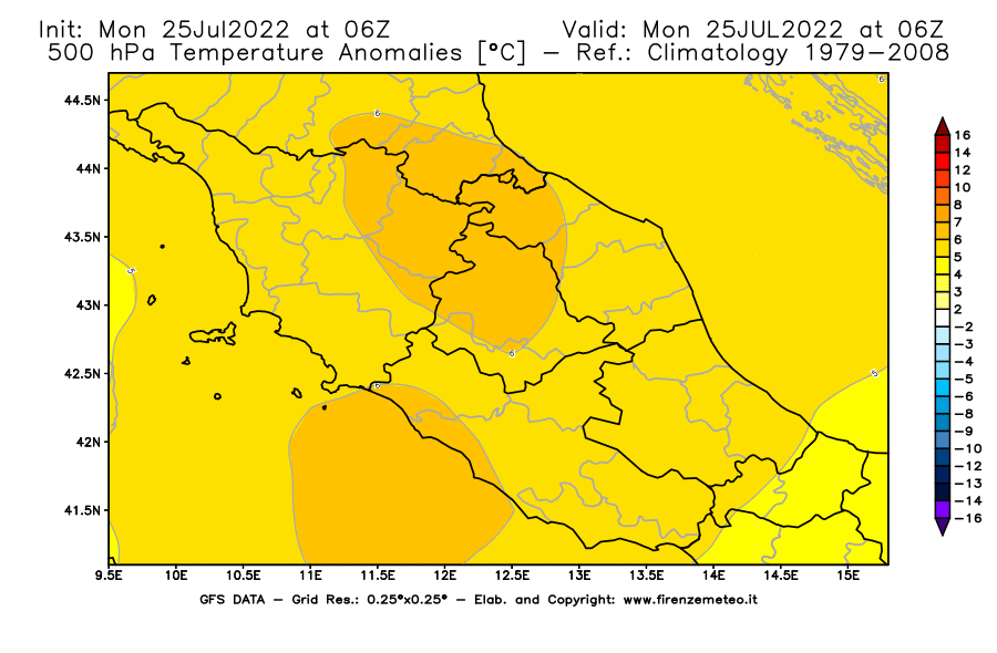 Mappa di analisi GFS - Anomalia Temperatura [°C] a 500 hPa in Centro-Italia
							del 25/07/2022 06 <!--googleoff: index-->UTC<!--googleon: index-->