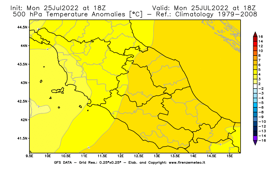 Mappa di analisi GFS - Anomalia Temperatura [°C] a 500 hPa in Centro-Italia
							del 25/07/2022 18 <!--googleoff: index-->UTC<!--googleon: index-->