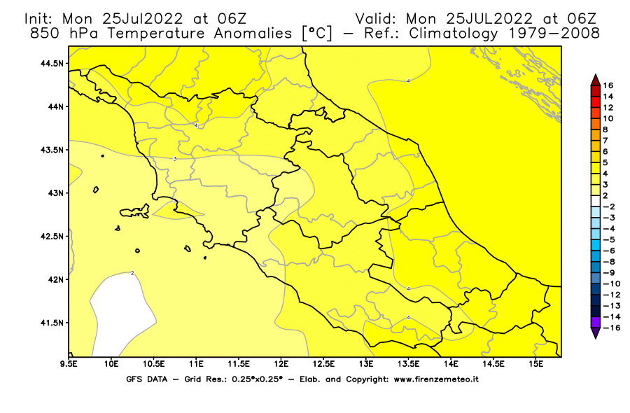 Mappa di analisi GFS - Anomalia Temperatura [°C] a 850 hPa in Centro-Italia
							del 25/07/2022 06 <!--googleoff: index-->UTC<!--googleon: index-->