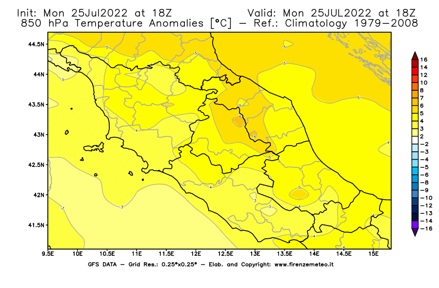 Mappa di analisi GFS - Anomalia Temperatura [°C] a 850 hPa in Centro-Italia
							del 25/07/2022 18 <!--googleoff: index-->UTC<!--googleon: index-->