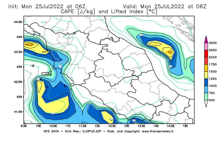 Mappa di analisi GFS - CAPE [J/kg] e Lifted Index [°C] in Centro-Italia
							del 25/07/2022 06 <!--googleoff: index-->UTC<!--googleon: index-->