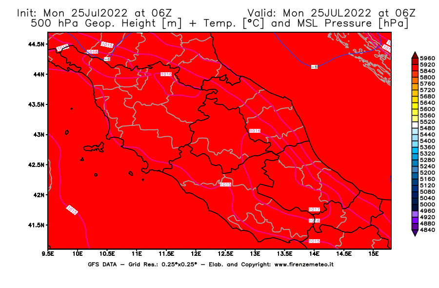 Mappa di analisi GFS - Geopotenziale [m] + Temp. [°C] a 500 hPa + Press. a livello del mare [hPa] in Centro-Italia
							del 25/07/2022 06 <!--googleoff: index-->UTC<!--googleon: index-->