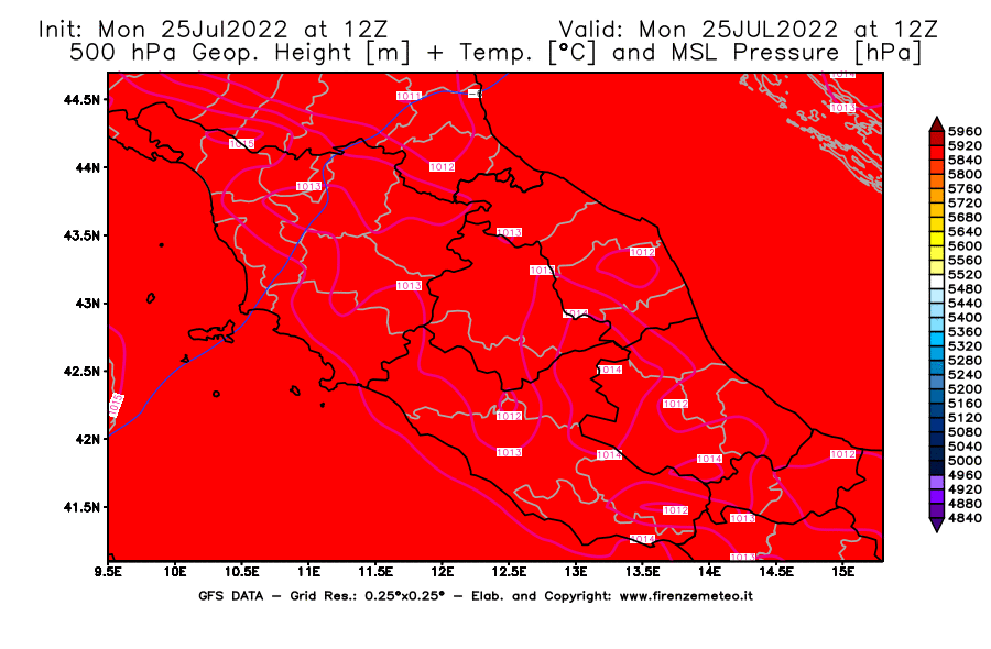 Mappa di analisi GFS - Geopotenziale [m] + Temp. [°C] a 500 hPa + Press. a livello del mare [hPa] in Centro-Italia
							del 25/07/2022 12 <!--googleoff: index-->UTC<!--googleon: index-->