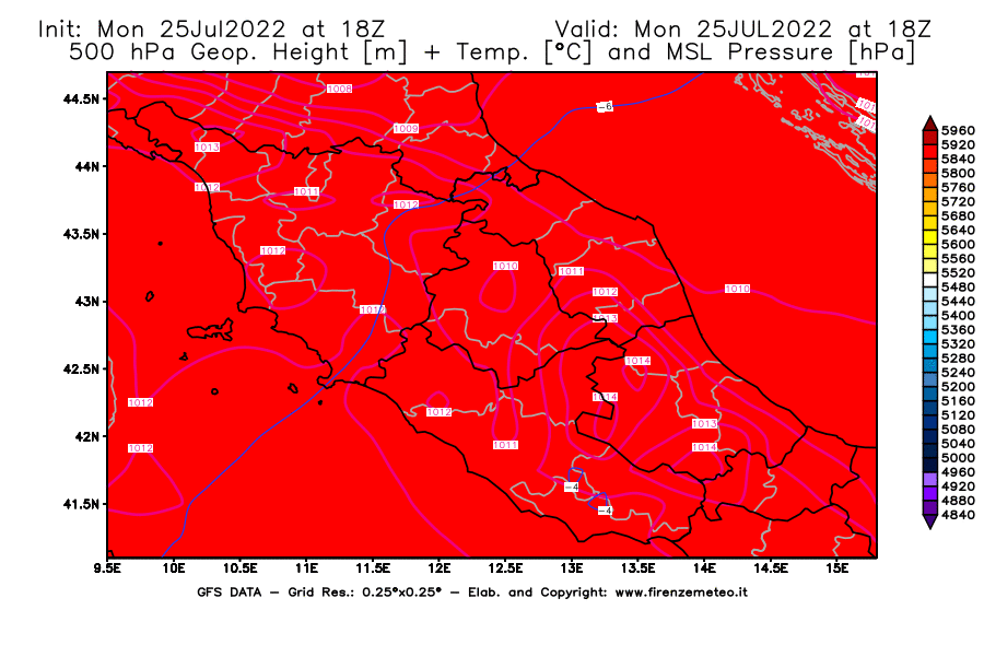 Mappa di analisi GFS - Geopotenziale [m] + Temp. [°C] a 500 hPa + Press. a livello del mare [hPa] in Centro-Italia
							del 25/07/2022 18 <!--googleoff: index-->UTC<!--googleon: index-->