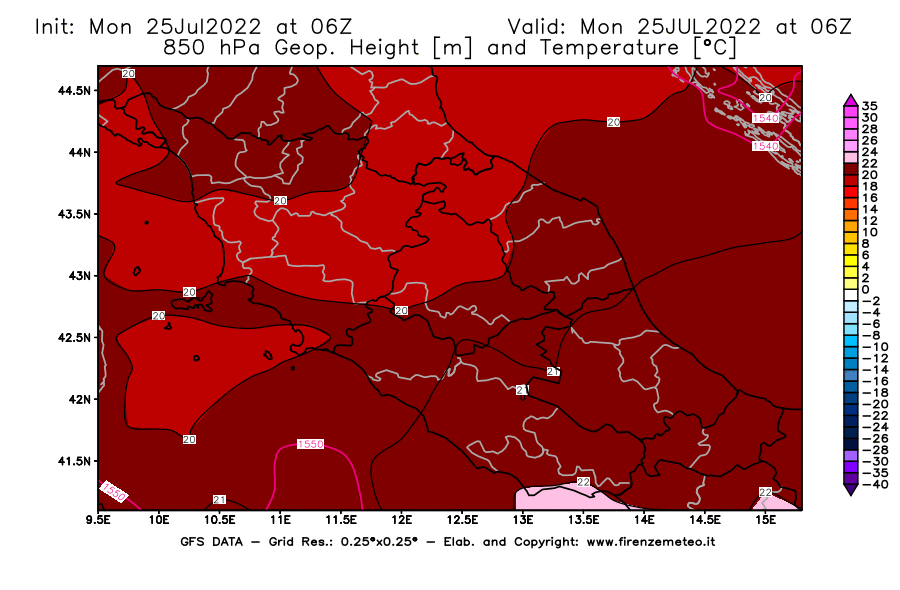 Mappa di analisi GFS - Geopotenziale [m] e Temperatura [°C] a 850 hPa in Centro-Italia
							del 25/07/2022 06 <!--googleoff: index-->UTC<!--googleon: index-->