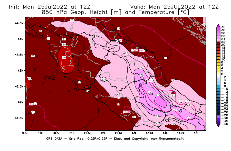 Mappa di analisi GFS - Geopotenziale [m] e Temperatura [°C] a 850 hPa in Centro-Italia
							del 25/07/2022 12 <!--googleoff: index-->UTC<!--googleon: index-->