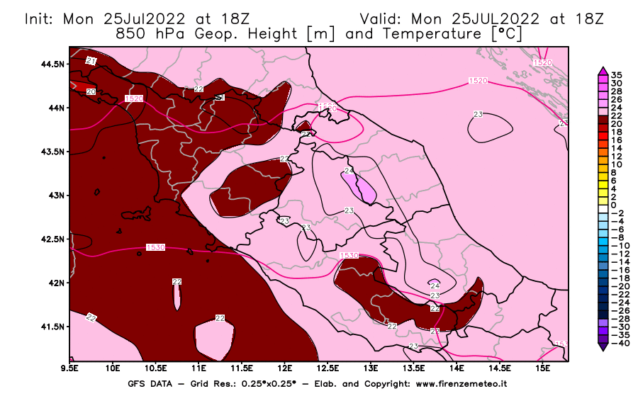 Mappa di analisi GFS - Geopotenziale [m] e Temperatura [°C] a 850 hPa in Centro-Italia
							del 25/07/2022 18 <!--googleoff: index-->UTC<!--googleon: index-->