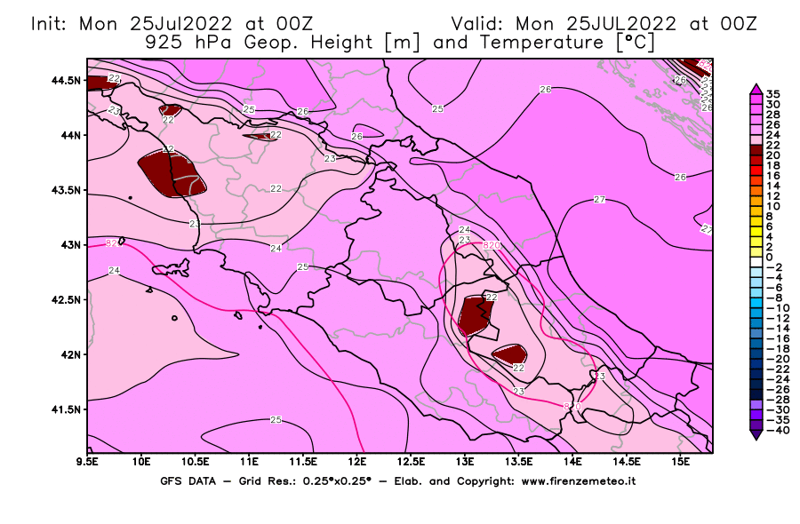 Mappa di analisi GFS - Geopotenziale [m] e Temperatura [°C] a 925 hPa in Centro-Italia
							del 25/07/2022 00 <!--googleoff: index-->UTC<!--googleon: index-->