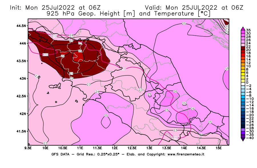 Mappa di analisi GFS - Geopotenziale [m] e Temperatura [°C] a 925 hPa in Centro-Italia
							del 25/07/2022 06 <!--googleoff: index-->UTC<!--googleon: index-->